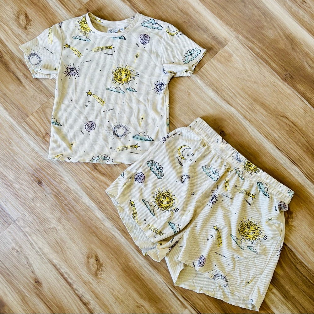 Mighty Fine Beige Pajama Set with Sun and Cloud Motifs